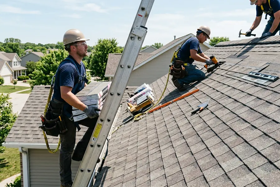 Beardman Building Services roofing crew installing architectural shingles in Englewood